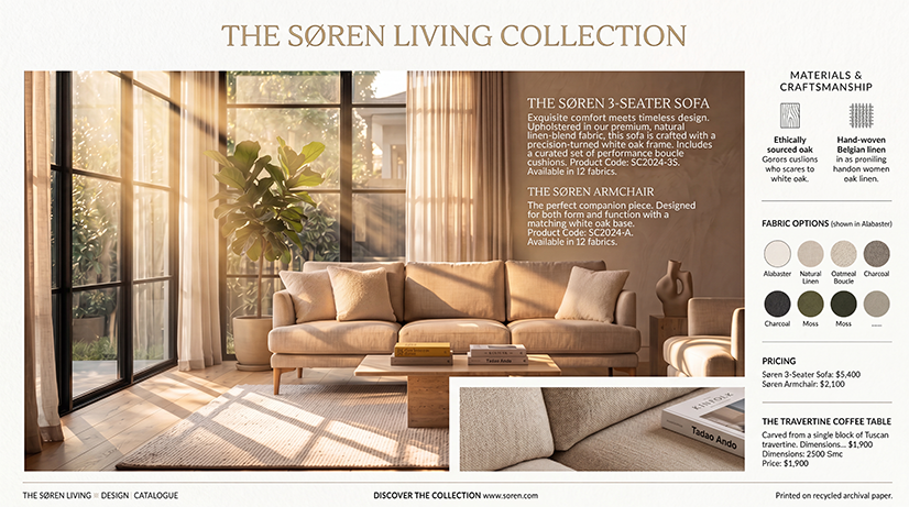 Soren sofa catalogue page — the image the client supplied